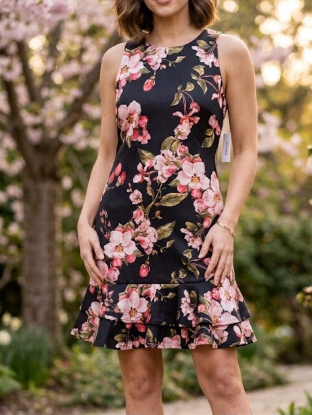 Signature by Robbie Bee Black Mini Dress with Pink Floral Print